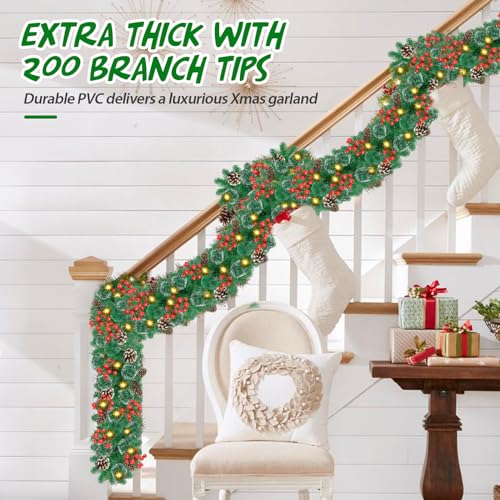 Pre-lit Christmas Garland with LED Lights, Red Flowers and Berries Y488109