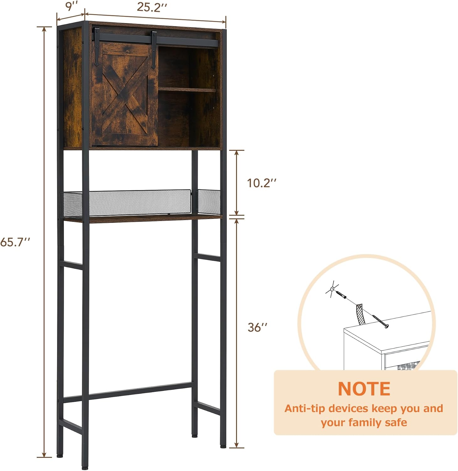 Over the Toilet Storage Cabinet with Sliding Door and Adjustable Shelf, Rustic Brown X683778