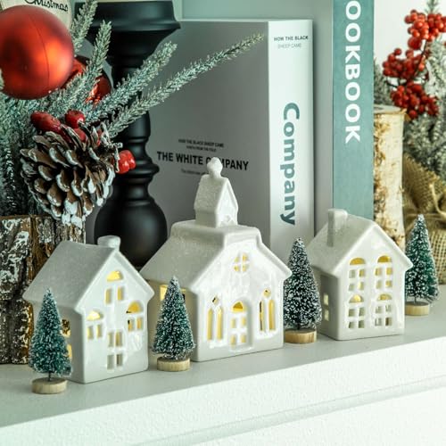 7PCS Christmas Village Sets - 3 LED Lighted Ceramic Houses with Remote & 4 Trees D535