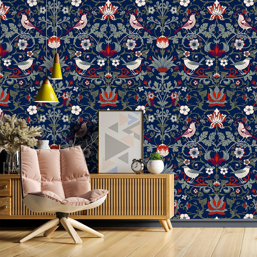 Vintage Birds Berries Floral Peel and Stick Wallpaper Navy Blue G62412