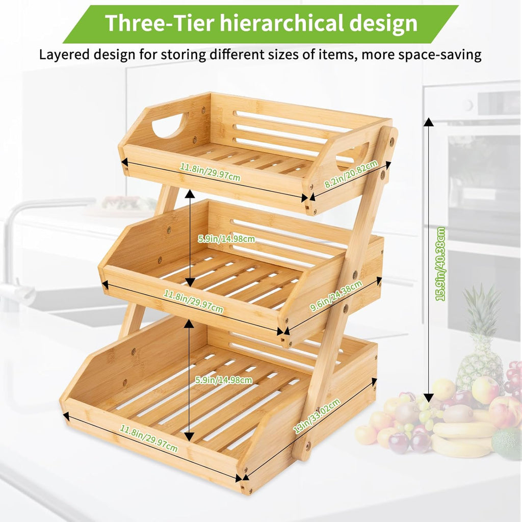 3 Tier Bamboo Fruit Basket with Banana Hook and Handle Z13414