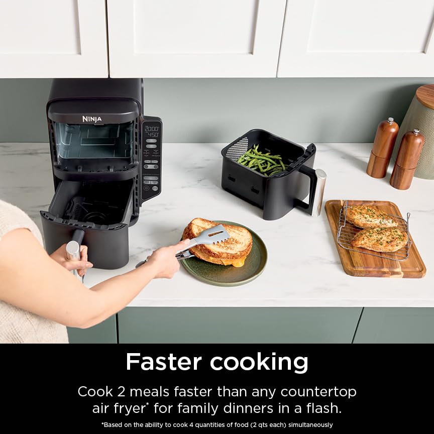 Air Fryer, 8 QT DoubleStack 2-Basket, Space Saving Design, 6-in-1, Roast & Bake, Dishwasher Safe Parts, Black N43591