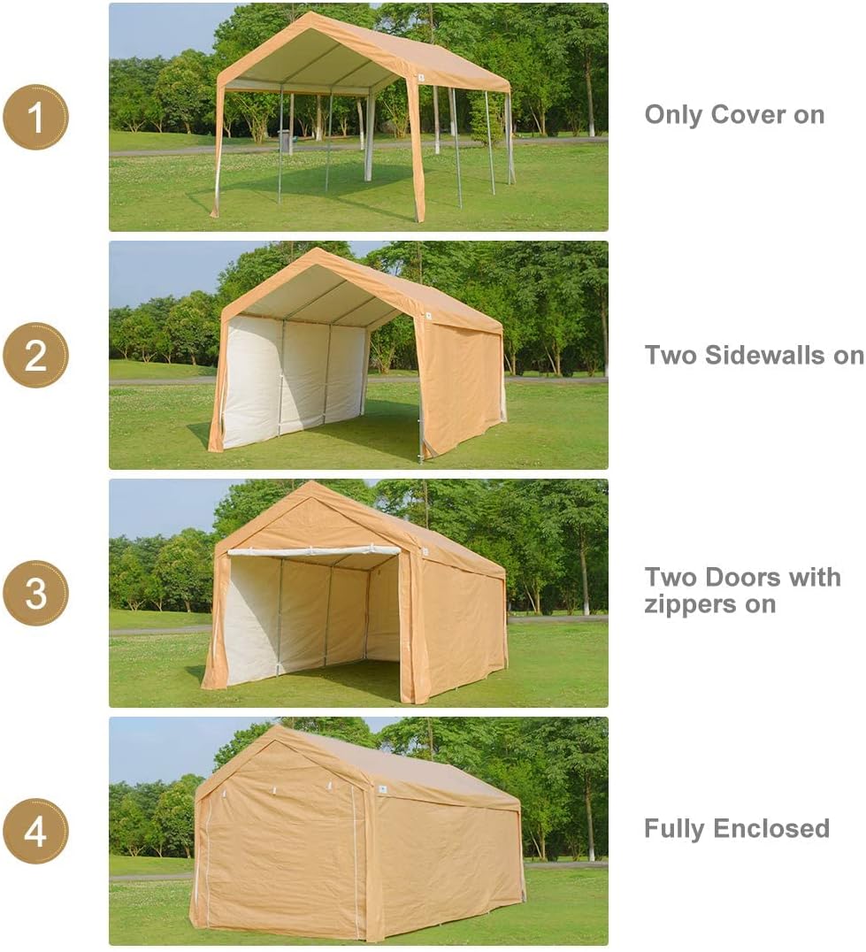 Heavy Duty Carport Canopy Garage Shelter with Removable Sidewalls, Beige L850409