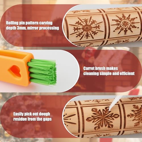 17" Wooden Rolling Pin for Baking with Christmas Embossed Designs, 3mm Deep Cookie Molds, Includes Cleaning Brush L8431