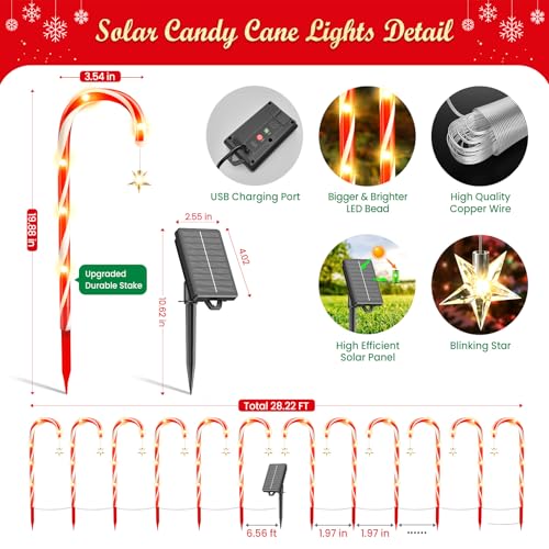 Solar Candy Cane Lights for Outdoor Christmas Decor, 72 LEDs, 10 Modes A470
