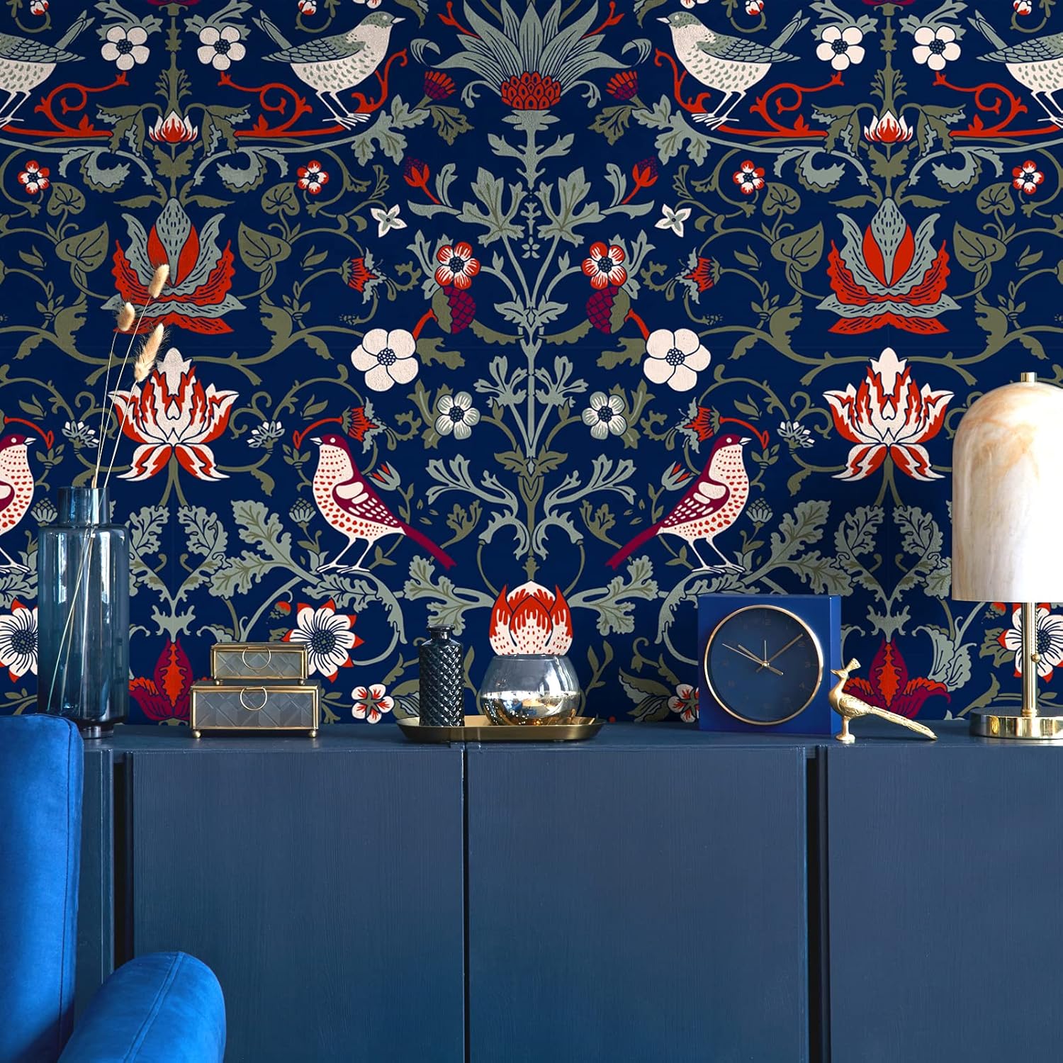 Vintage Birds Berries Floral Peel and Stick Wallpaper Navy Blue G62412