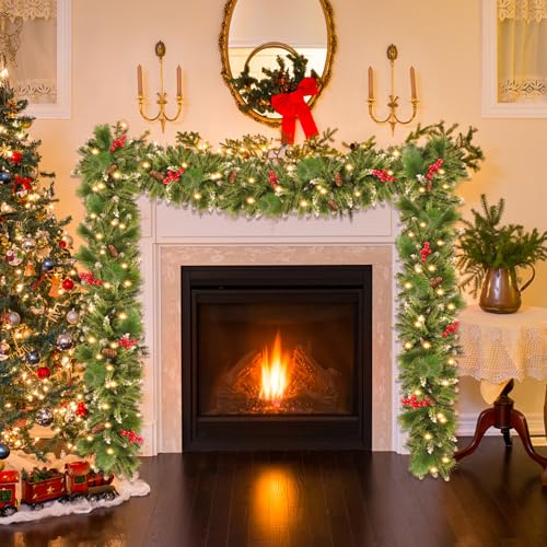 Christmas Garland with Lights, 50 LEDs, 9FT Battery Operated for Indoor Outdoor Decor Y569307