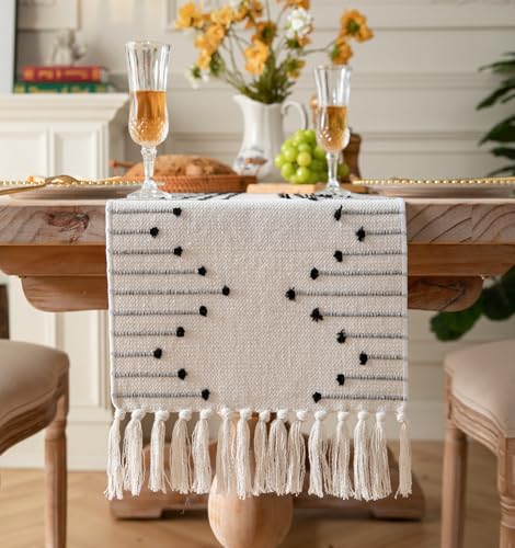 Christmas Table Runner 13 x 90 Inch Cotton Woven with Tassels Red and Beige B398787