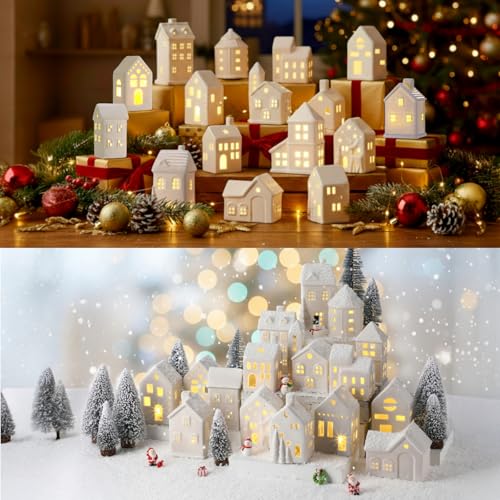 LED Ceramic Christmas Village Set with Light Up Houses and Figurines U9709