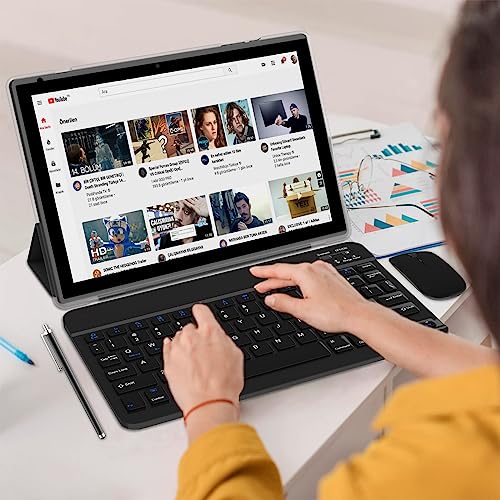 Tablet 10 inch Android 14 with Keyboard Case, Mouse, Stylus, 8GB+64GB, 1280*800 HD Touch Screen, 8MP Dual Camera, Wi-Fi Bluetooth, Blue B613