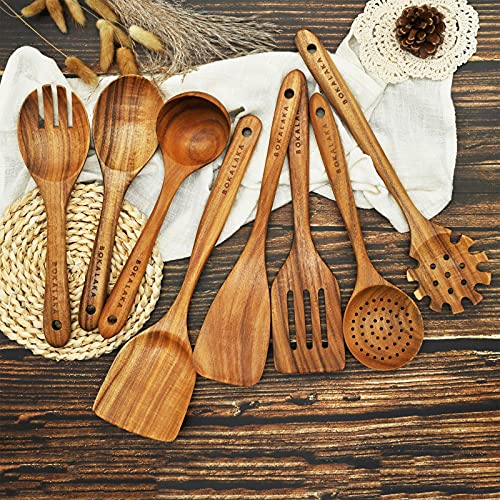 Natural Teak Wooden Spoons for Cooking, 10-Piece Kitchen Utensil Set I607645