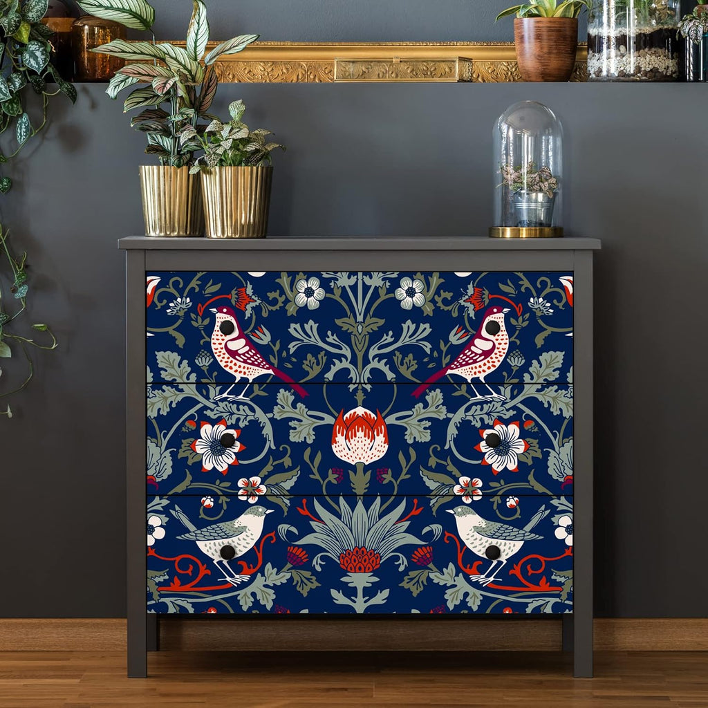 Vintage Birds Berries Floral Peel and Stick Wallpaper Navy Blue G62412
