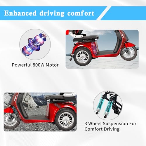 Heavy Duty 3 Wheel Mobility Scooter for Adults, 500 lbs Capacity, Red W318