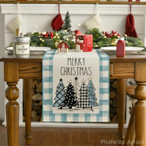 Buffalo Plaid Christmas Trees Table Runner, Winter Holiday Kitchen Dining Decor, 13 x 108 Inch D48516