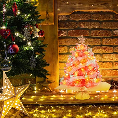 Pink Mini Christmas Tree with Lights and Star Topper T106113