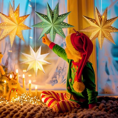 Sage Green 3D Paper Star Lantern Hanging Ornament with String Light M89680