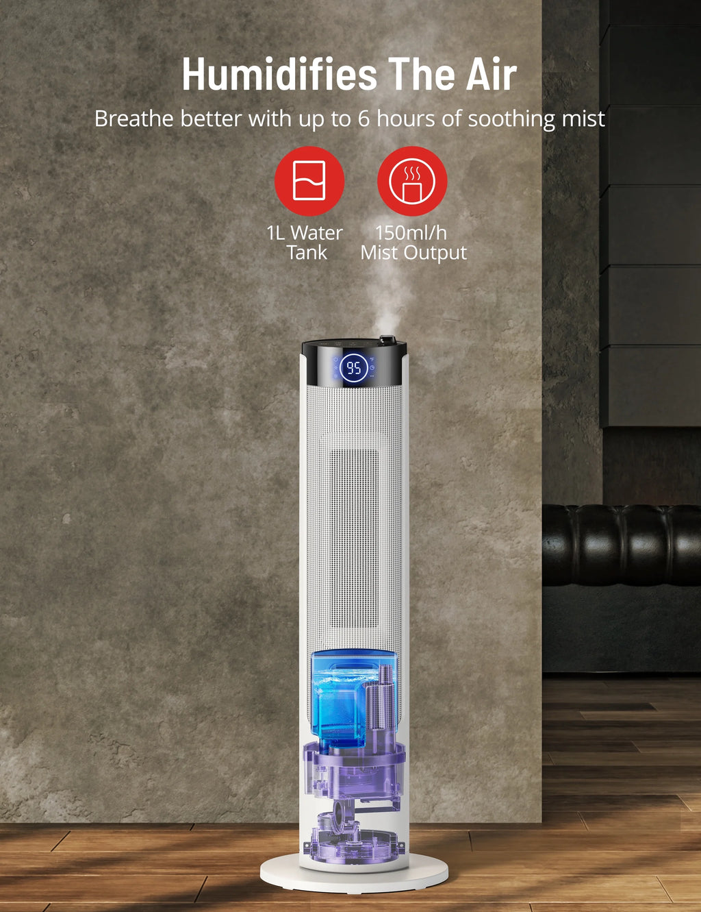 Space Heater Humidifier Combo, 2-in-1 Tower Heater with Adjustable Thermostat, 3 Heat Levels, Mist, 12H Timer A337