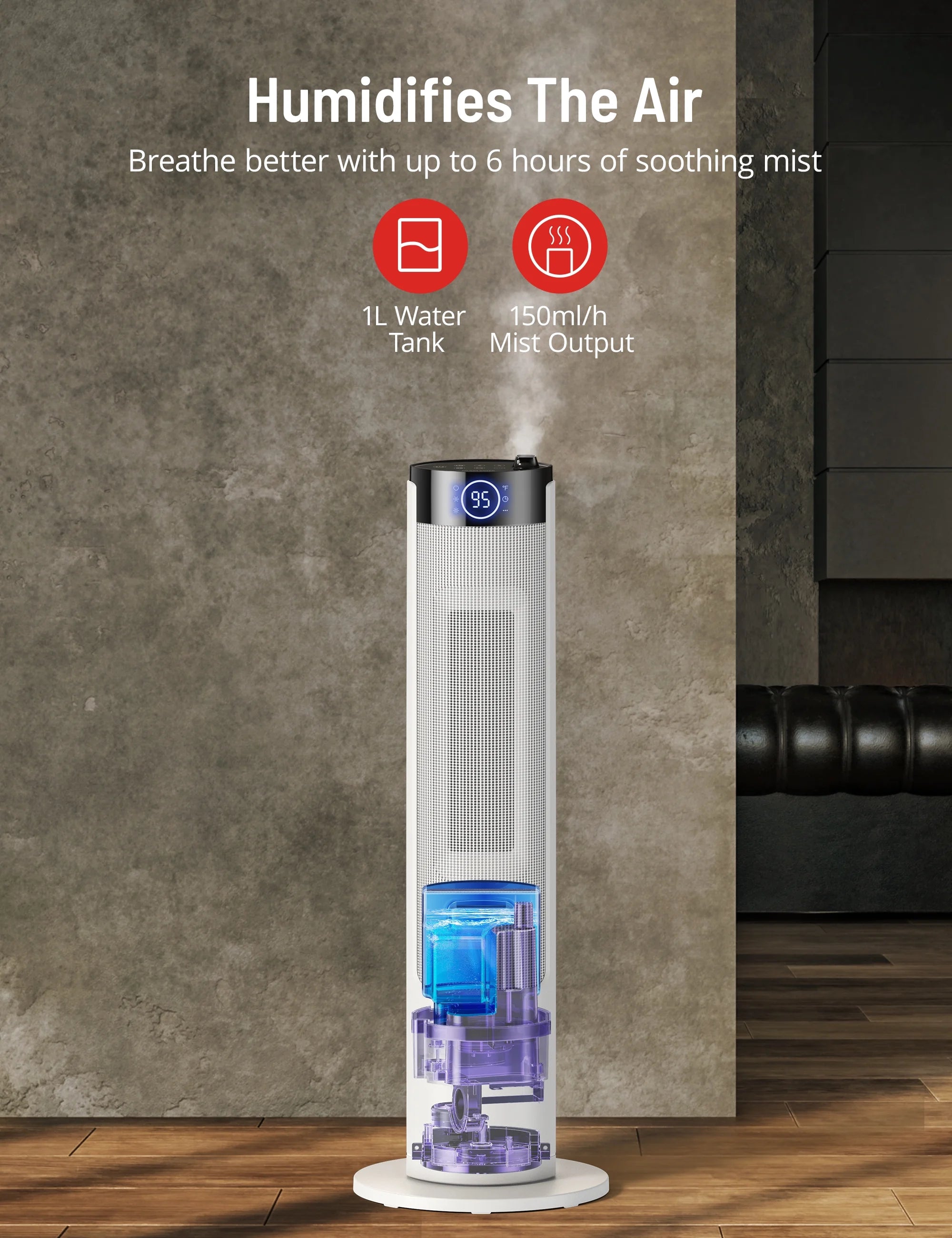 Space Heater Humidifier Combo, 2-in-1 Tower Heater with Adjustable Thermostat, 3 Heat Levels, Mist, 12H Timer A337