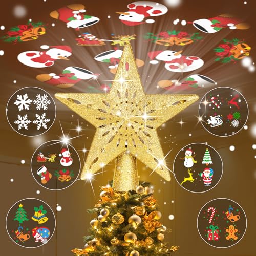 Silver 3D Glitter Christmas Tree Topper with LED Rotating Lights F457326