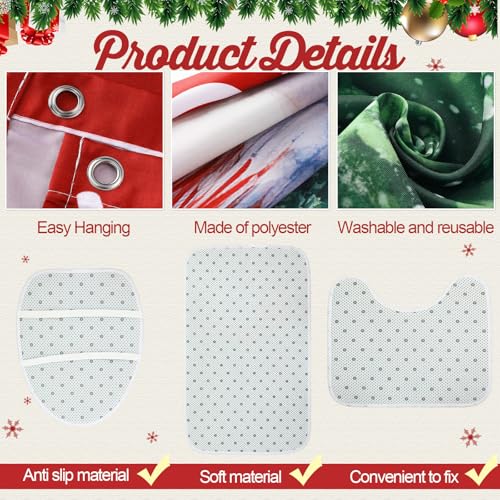7 Pcs Christmas Shower Curtain Set with U Shape Rugs, Toilet Cover and 3 Towels W9950
