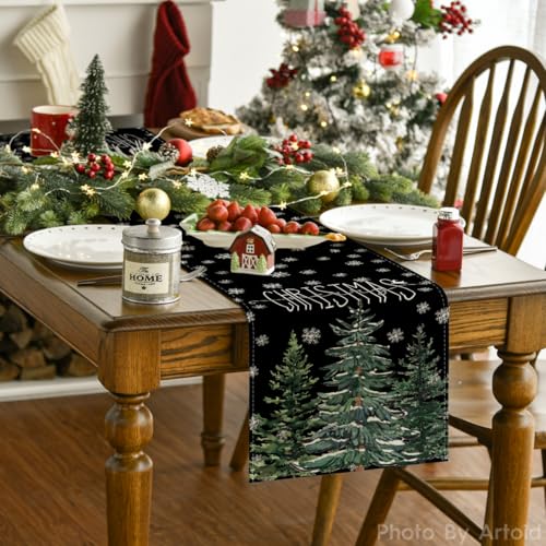 Beige Pine Tree Snowflake Christmas Table Runner, Winter Holiday Kitchen Dining Decoration, 13 x 72 Inch B27382