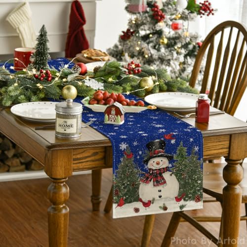 Snowman Christmas Birds Trees Table Runner, Winter Holiday Kitchen Dining Decoration, 13 x 72 Inch B443657