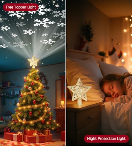 Christmas Tree Star Topper with LED Snowflake Projector, Plug In for Indoor Holiday Decor K8471