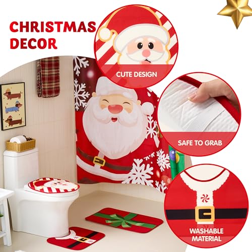 Christmas Bathroom Set with Shower Curtain, Bath Mat, Toilet Cover, Rug & Hooks T26855