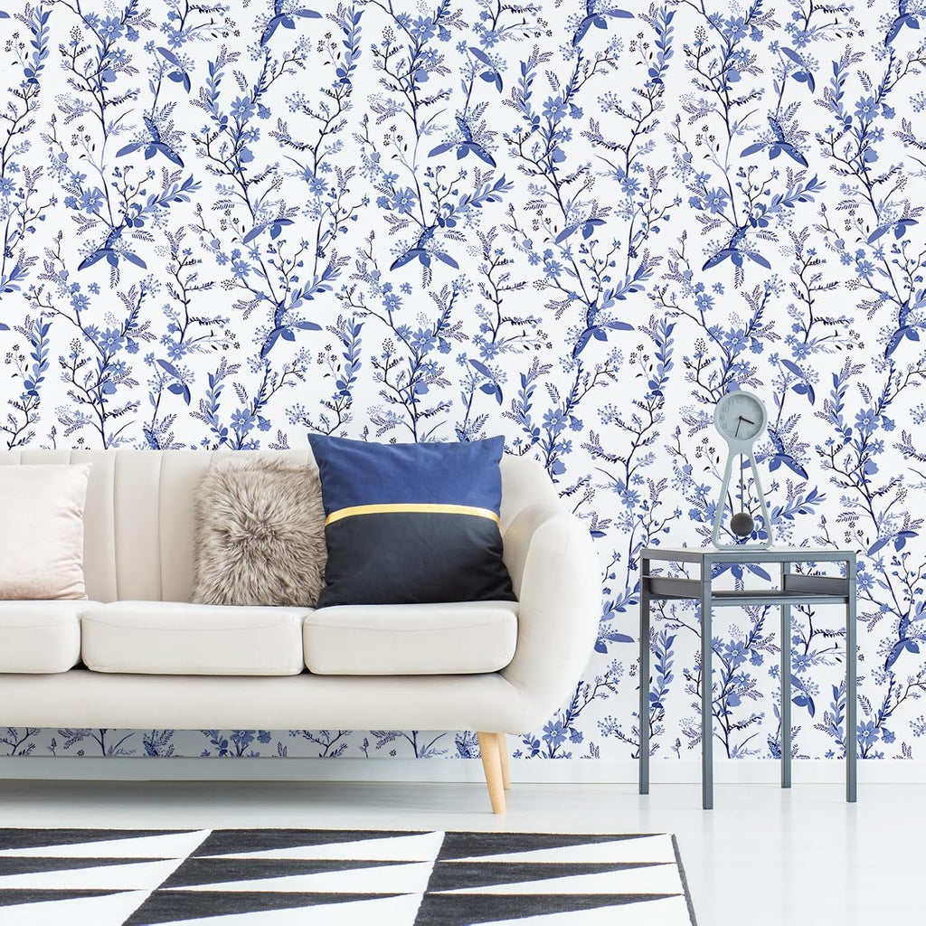 Blue Botanical Floral Peel and Stick Wallpaper for Bedroom Walls Z603