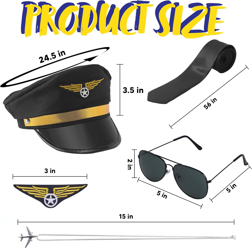 Airline Pilot Captain Costume Kit, 5 PCS Dress Up Accessory Set with Sunglasses, Tie, Hat, Wings Patch and Necklace H4159