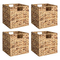 StorageWorks Wicker Storage Cubes with Liners, Water Hyacinth Storage Baskets for Shelving, Handwoven Square Baskets with Built-in Handles, Medium, 4 Pack Natural