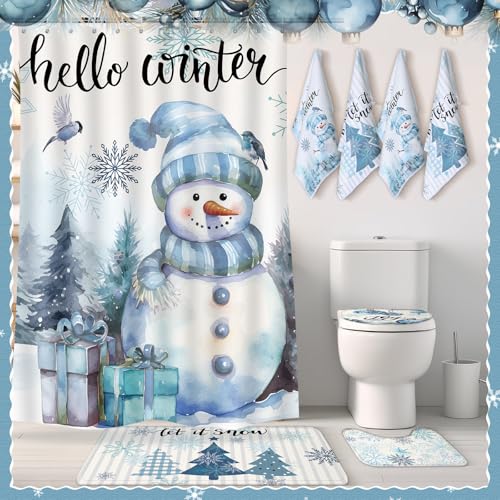 7 Pcs Christmas Shower Curtain Set with U Shape Rugs, Toilet Cover and 3 Towels W9950