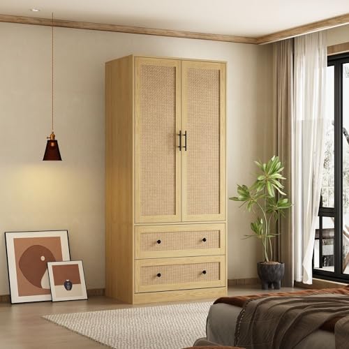 Rattan Door Wardrobe Closet with 2 Drawers and Shelves, Hanging Rod, Oak F827184