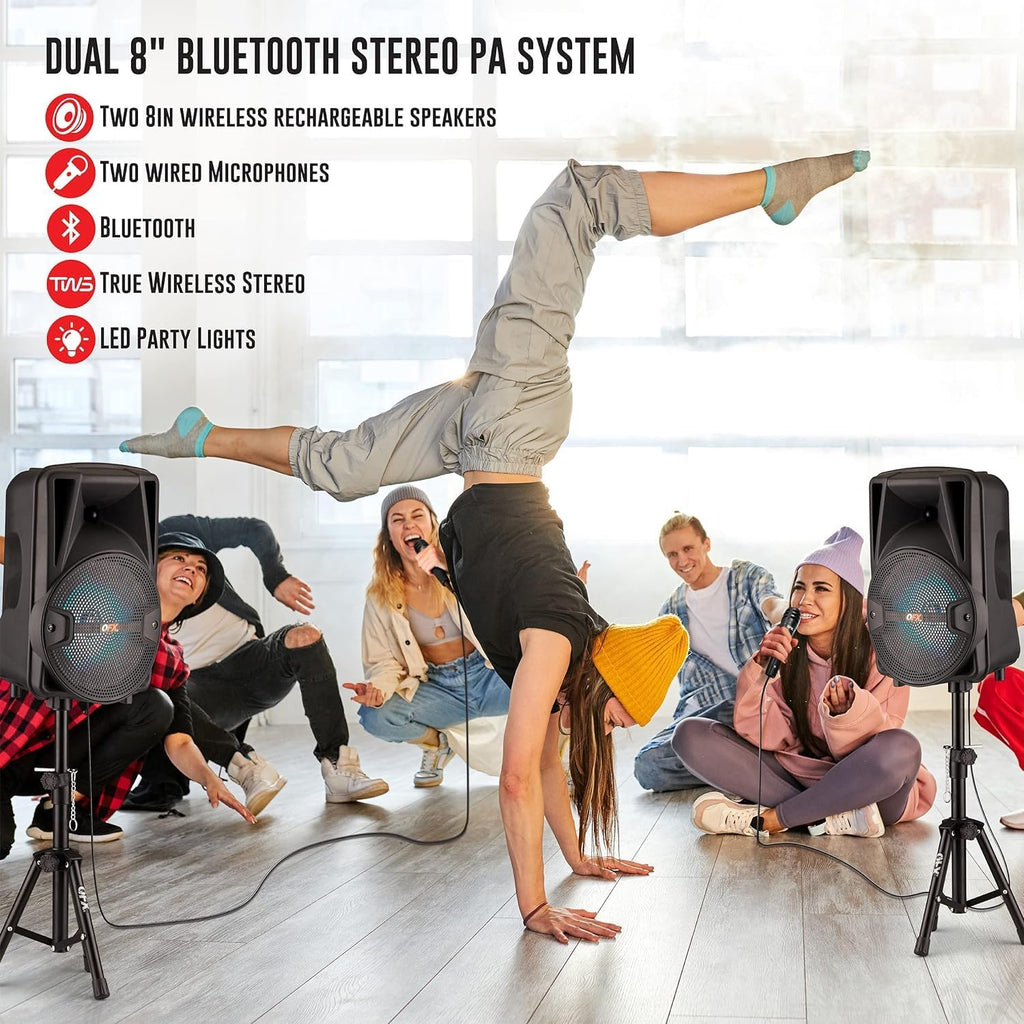8-Inch TWS Bluetooth Stereo PA System with 2 Microphones and Stands Q381