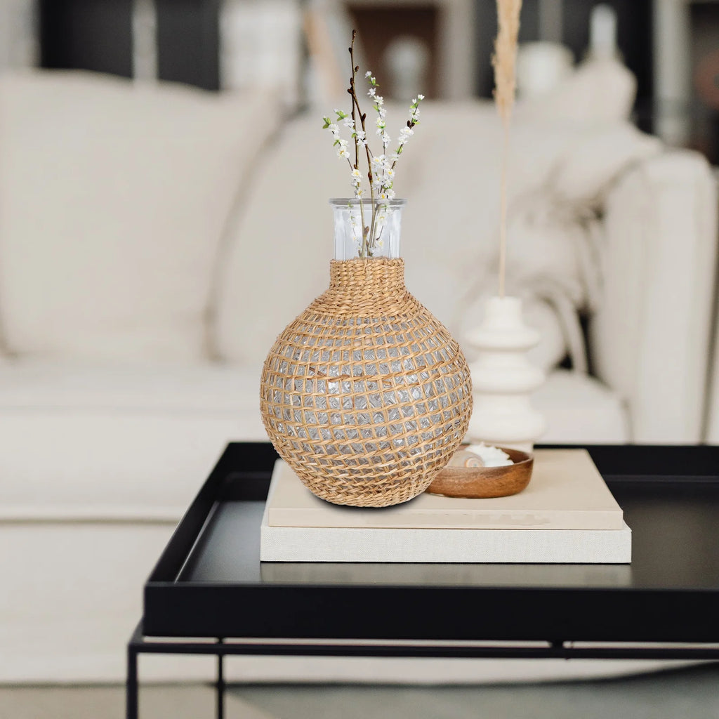 Rattan Glass Vase with Gold Terrarium Jar H3246