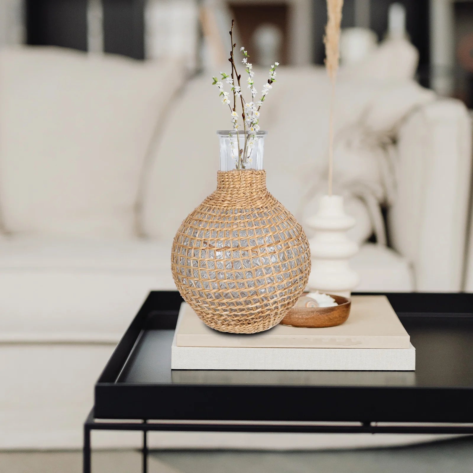 Rattan Glass Vase with Gold Terrarium Jar H3246