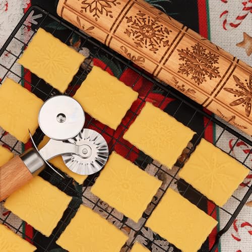 17" Wooden Rolling Pin for Baking with Christmas Embossed Designs, 3mm Deep Cookie Molds, Includes Cleaning Brush L8431