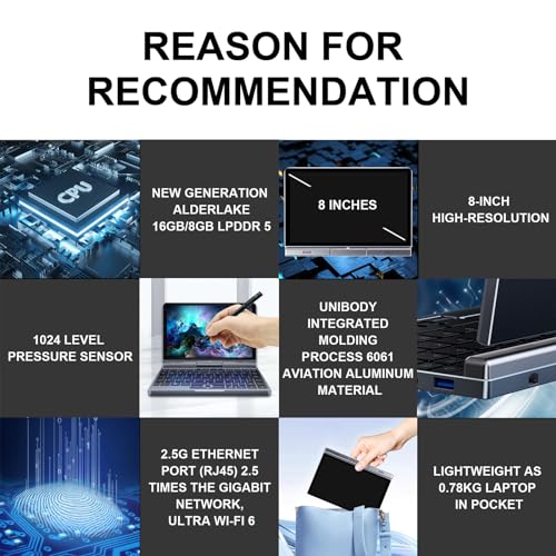 8 inch Mini Laptop HD Touchscreen Portable 2-in-1 Computer, Windows 11 Pro, Intel N100, 12GB RAM, 512GB SSD Q486