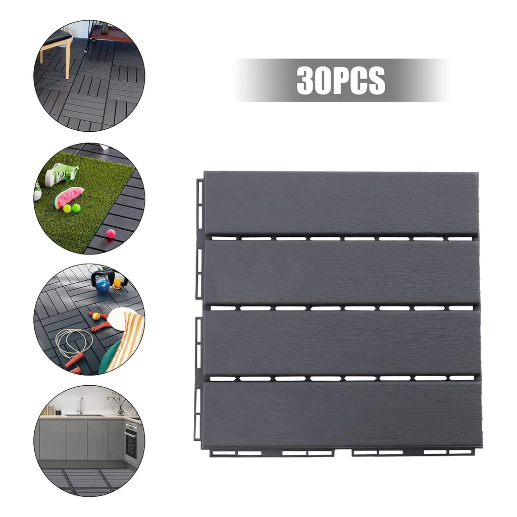 Interlocking Deck Tiles 12" x 12" (30 Pack) for Patio, Outdoor Waterproof Flooring, Dark Gray P75767