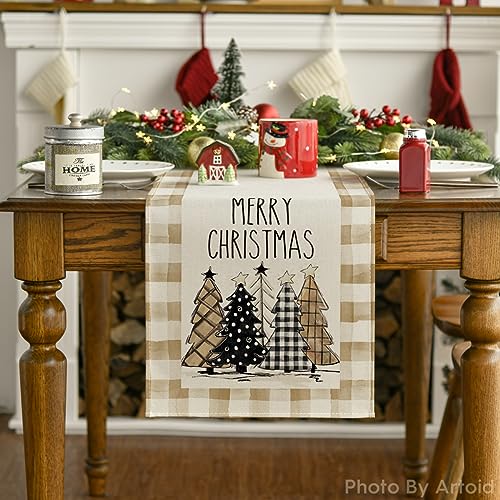 Buffalo Plaid Christmas Trees Table Runner, Winter Holiday Kitchen Dining Decor, 13 x 108 Inch D48516