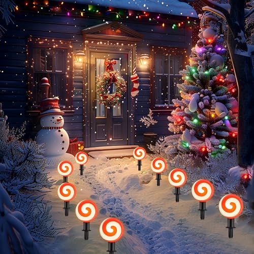 Unicorn Christmas Lollipop Pathway Lights, 10 LED Peppermint String Lights with Stakes Z721