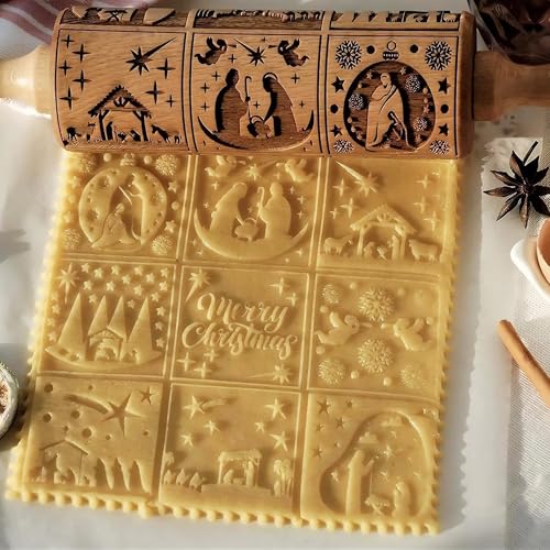 17" Wooden Rolling Pin for Baking with Christmas Embossed Designs, 3mm Deep Cookie Molds, Includes Cleaning Brush L8431