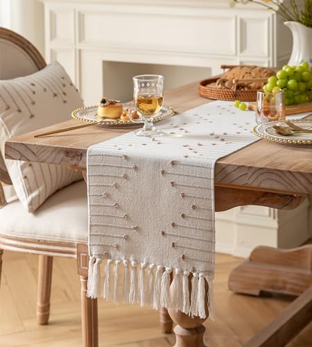 Christmas Table Runner 13 x 90 Inch Cotton Woven with Tassels Red and Beige B398787
