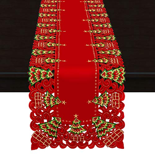 Embroidered Christmas Holly Tree Table Runner, Rectangular 16 x 72 Inch J70567