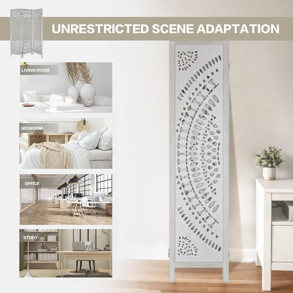 3 Panel Carved Wood Room Divider, 5.6ft Tall Folding Privacy Screen, White V742056
