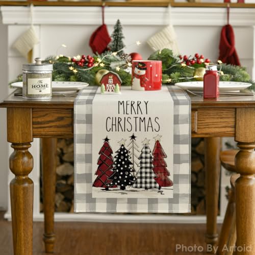 Buffalo Plaid Christmas Trees Table Runner, Winter Holiday Kitchen Dining Decor, 13 x 108 Inch D48516