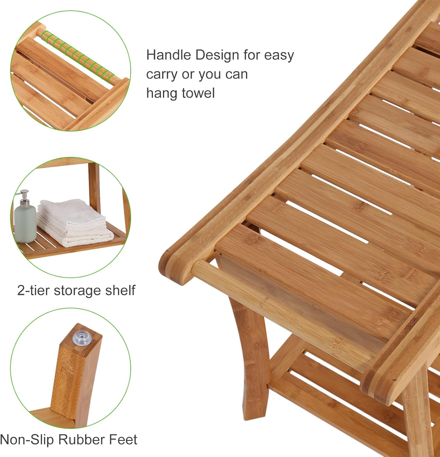 Bamboo Shower Stool with Handles and Storage Shelf W594257