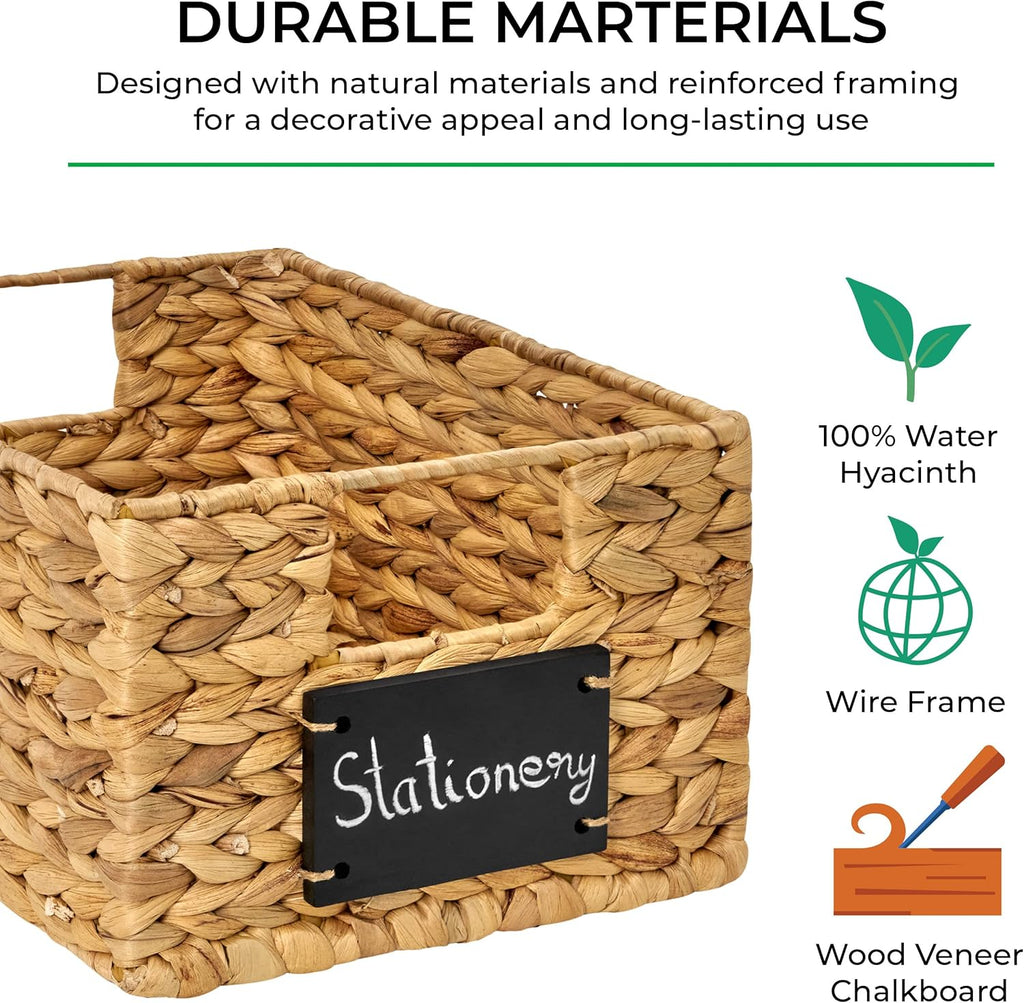 Natural Water Hyacinth Woven Storage Baskets, Rectangular Wicker Basket with Handles, Set of 6 E51316