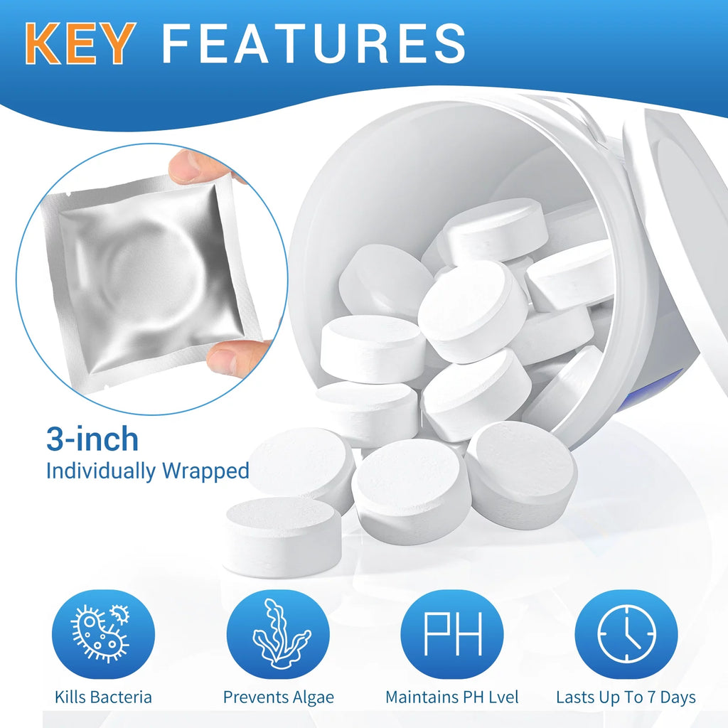3" Individually Wrapped Chlorine Tablets for Pool, Hot Tubs, Spa Q36188