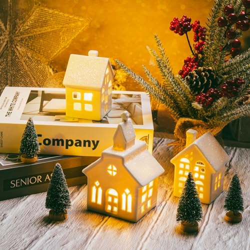 7PCS Christmas Village Sets - 3 LED Lighted Ceramic Houses with Remote & 4 Trees D535